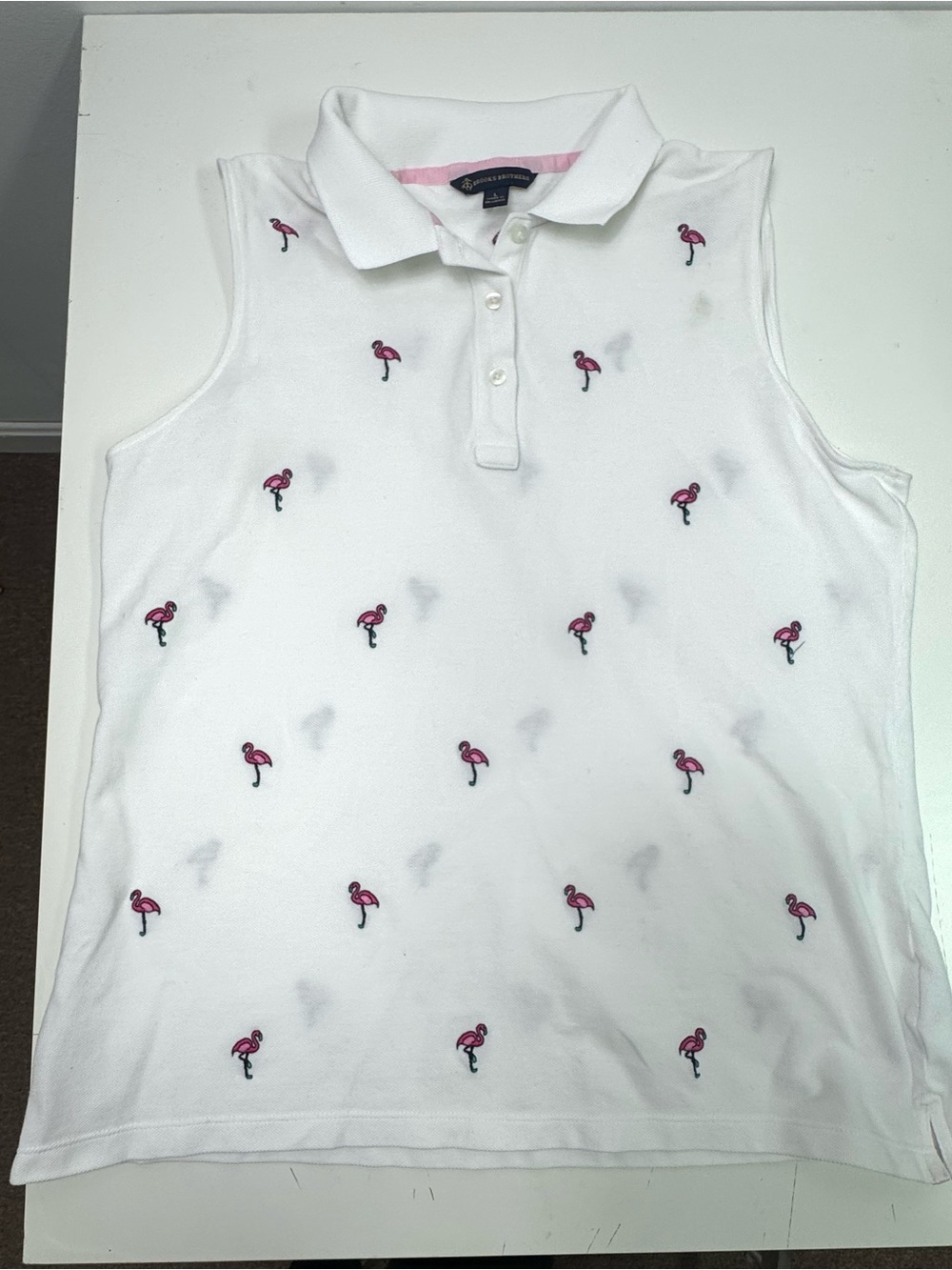 Brooks Brothers White, Pink Embroidered Flamingo Polo Golf Shirt Women’s, Large